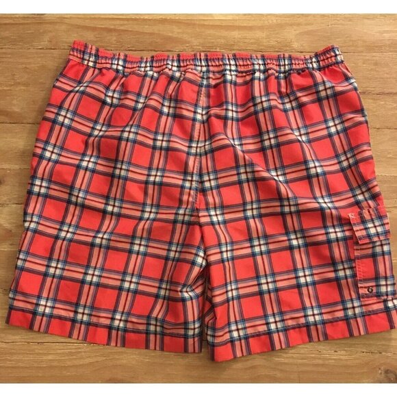 CHAPS Mens Coral Pink Plaid Swim Trunks Board Shorts Size XXL Mesh Liner - Picture 2 of 5